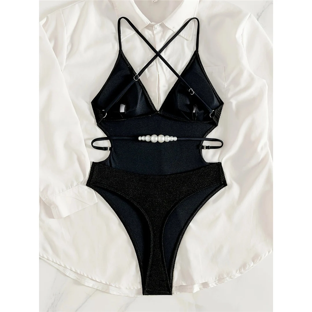 V-Ausschnitt, überkreuzter Rücken, gerippter Einteiler-Badeanzug, Damen-Bademode, rückenfreier Monokini, hoher Beinausschnitt, Badeanzug, Badebekleidung, V7848 – Detail 8