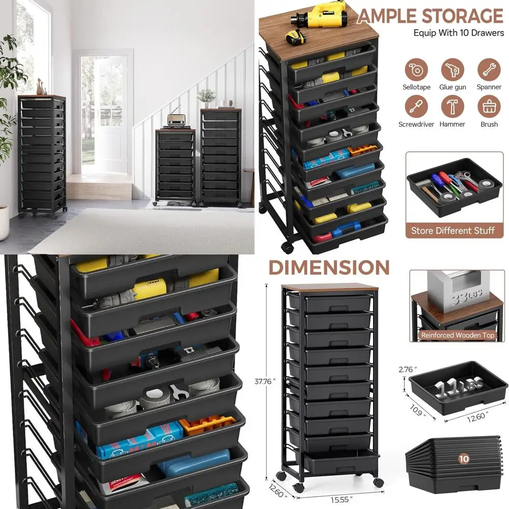

10-Drawer Black Rolling Cart with Wooden Top for Classroom and Craft Storage