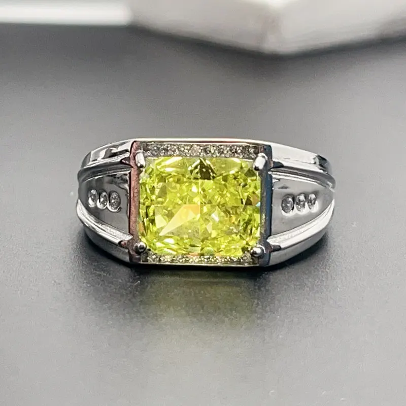 Solid 925 Silver Brilliant High Hardness Yellow Zircon Men Ring 8mm*10mm Rectangle Gemstone Men Ring Can Pass Diamond Testing