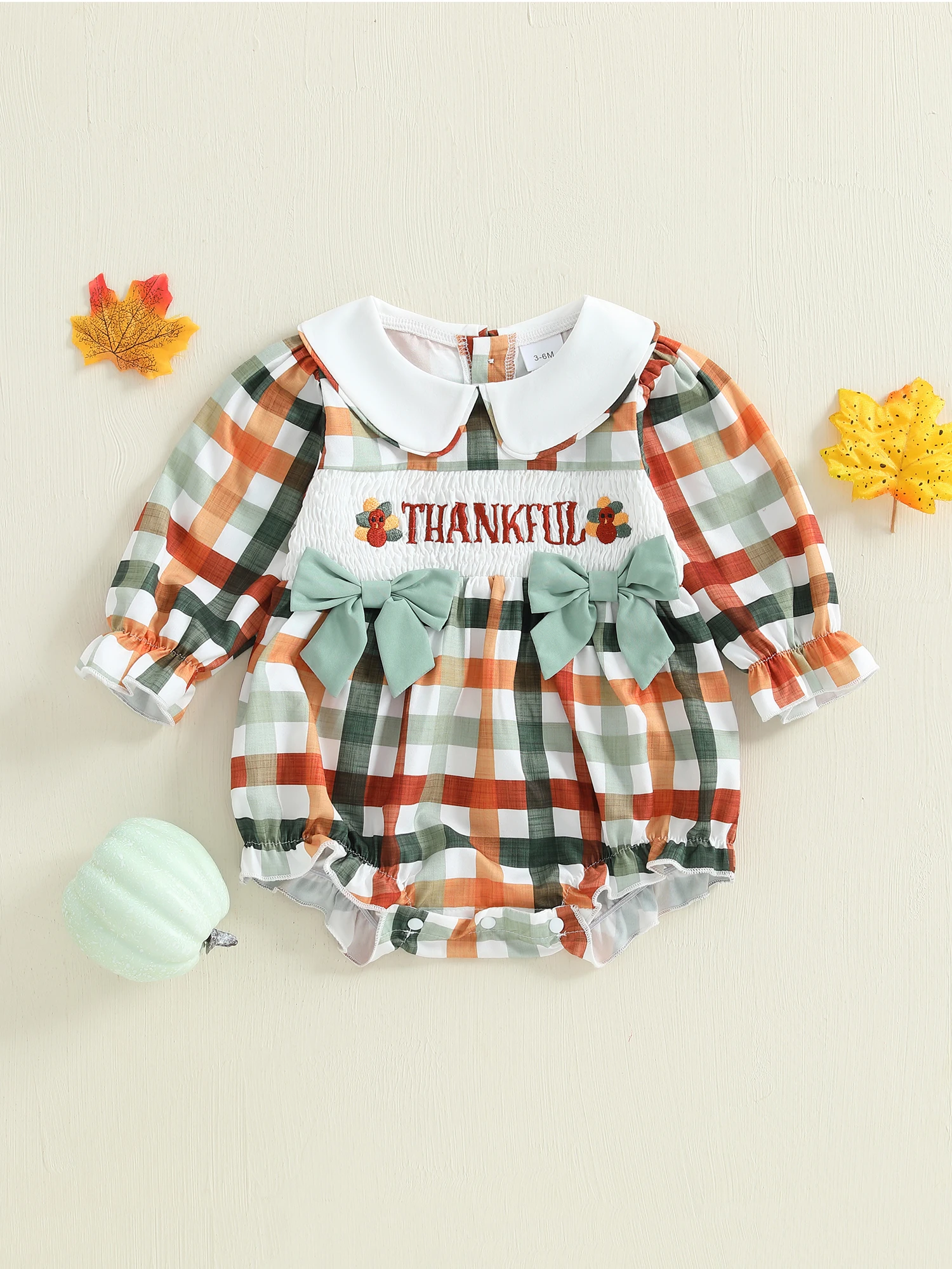 Baby Mädchen Strampler Langarm Puppenkragen Plaid Stickerei Buchstaben Türkei Body Thanksgiving Kleidung – Detail 2