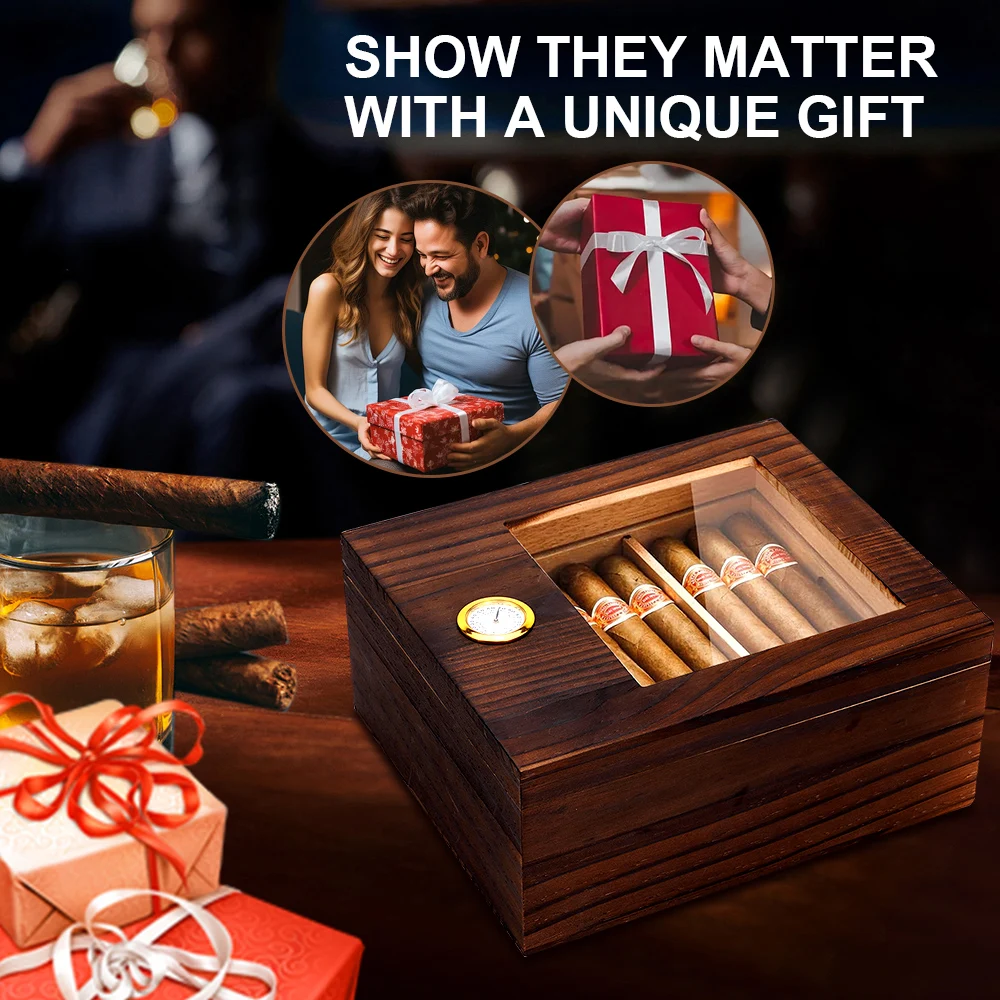 Humidor de puros con tapa de cristal, caja de puros con higrómetro, bandeja de madera de cedro, divisor, estuche de almacenamiento de madera, capacidad para 20-50 cigarros