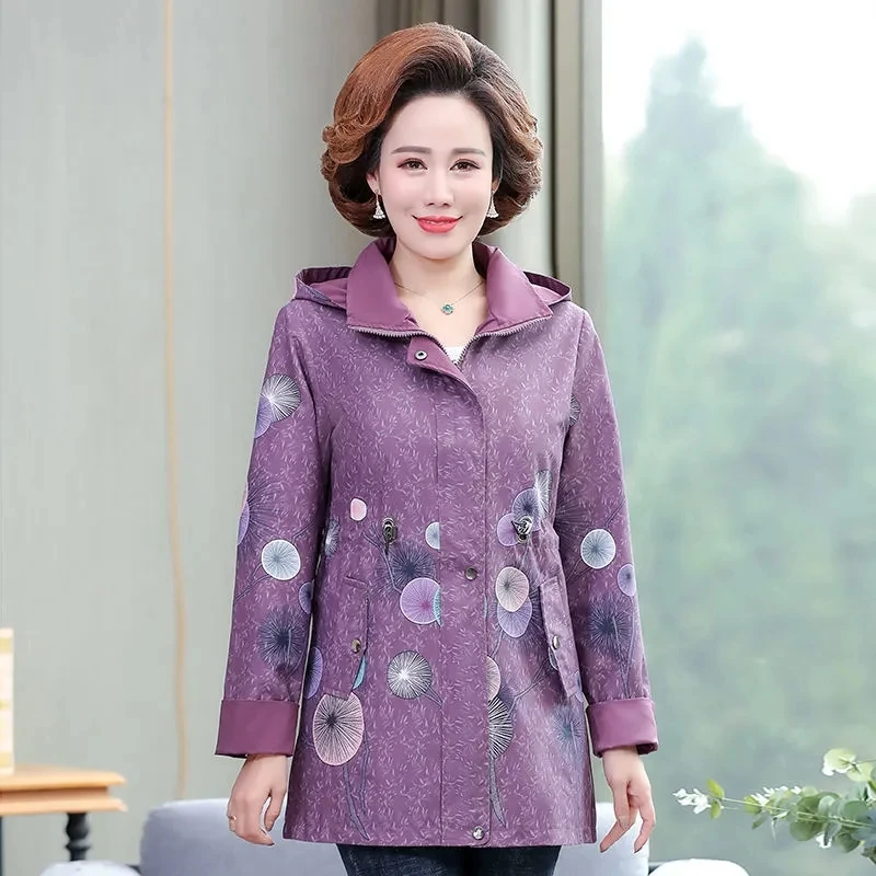 Spring Autumn Female Windbreakers 2023 New Middle-aged Woman Slim Print Hooded Mid Long Trench Coat Women\'s Basic Coats Size 5XL