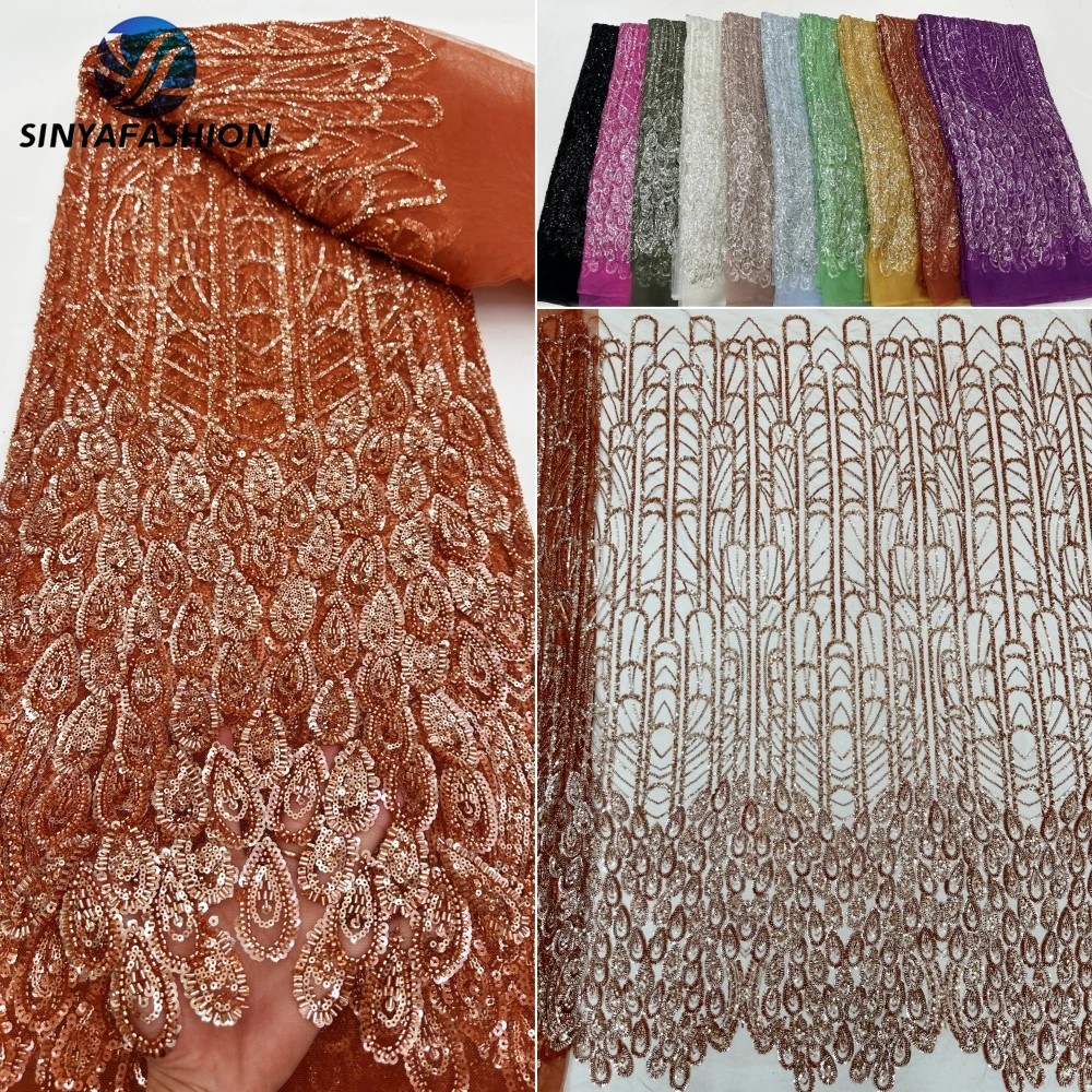 

Tim Orange Sequins Long Beads African Nigerian Wedding French Mesh Tulle Lace Fabric 2024 High Quality Beaded Lace Fabric Luxury