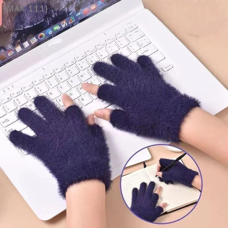 【F2-MAX111】1Pair Black Gray Winter Warm Fingerless Gloves - Touch Screen Compatible for Writing Casual Outings Riding Men Women