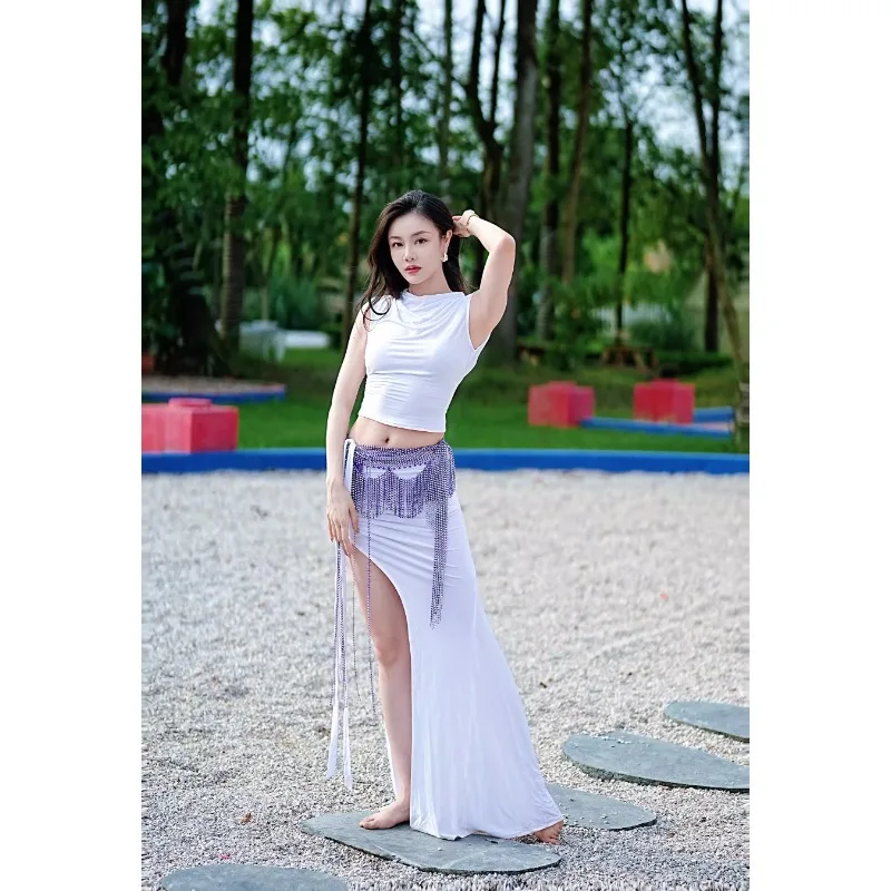 تنورة ذيل السمكة ذات الياقة البيضاء المخصصة مع أزياء الرقص الشرقي المكشوفة بمزاج الظهر بدلة الأداء الملابس الهندية للنساء #6