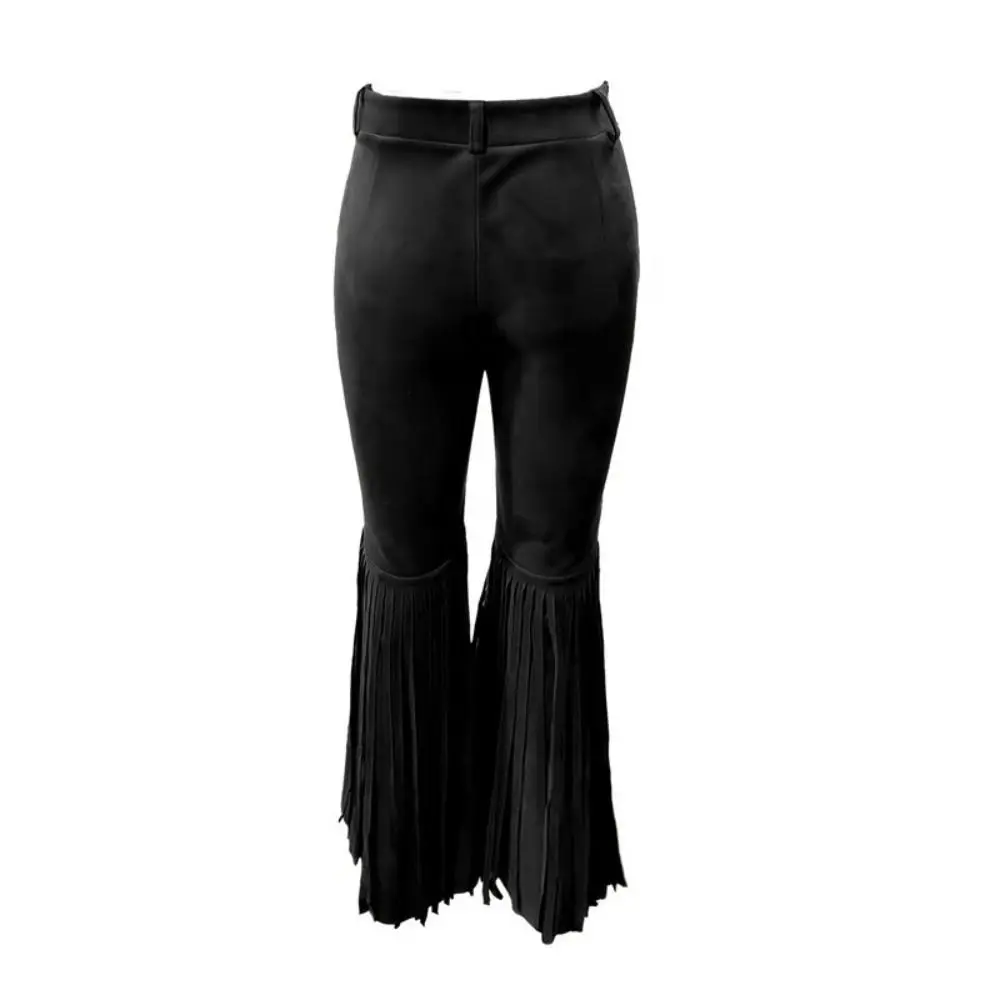 Solid Color Suede Tassel Pants Fringe Hem Streetwear Retro High Waist Trousers Splicing Design Boho Style Slim Fit Flare Pants