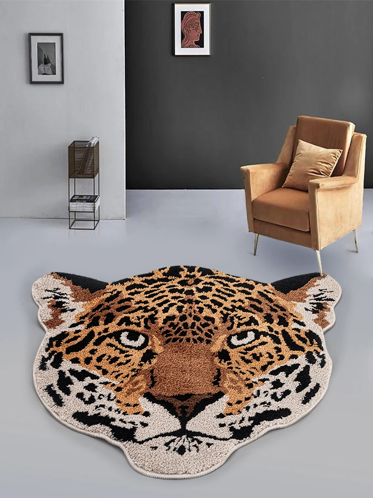 Tufted Rug Animal Leopard Head for Living Room Bedroom Fluffy Bathroom Area Rug Home Decor Brown Jaguar Face Aesthetic Floor Mat