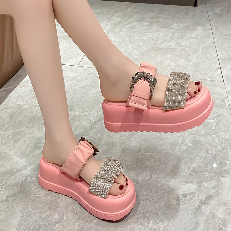 7CM Thick Bottom Wedge Slippers Women Summer Bling Chunky Platform Sandals Woman Buckle Flip Flops High Heels Sandalias Mujer