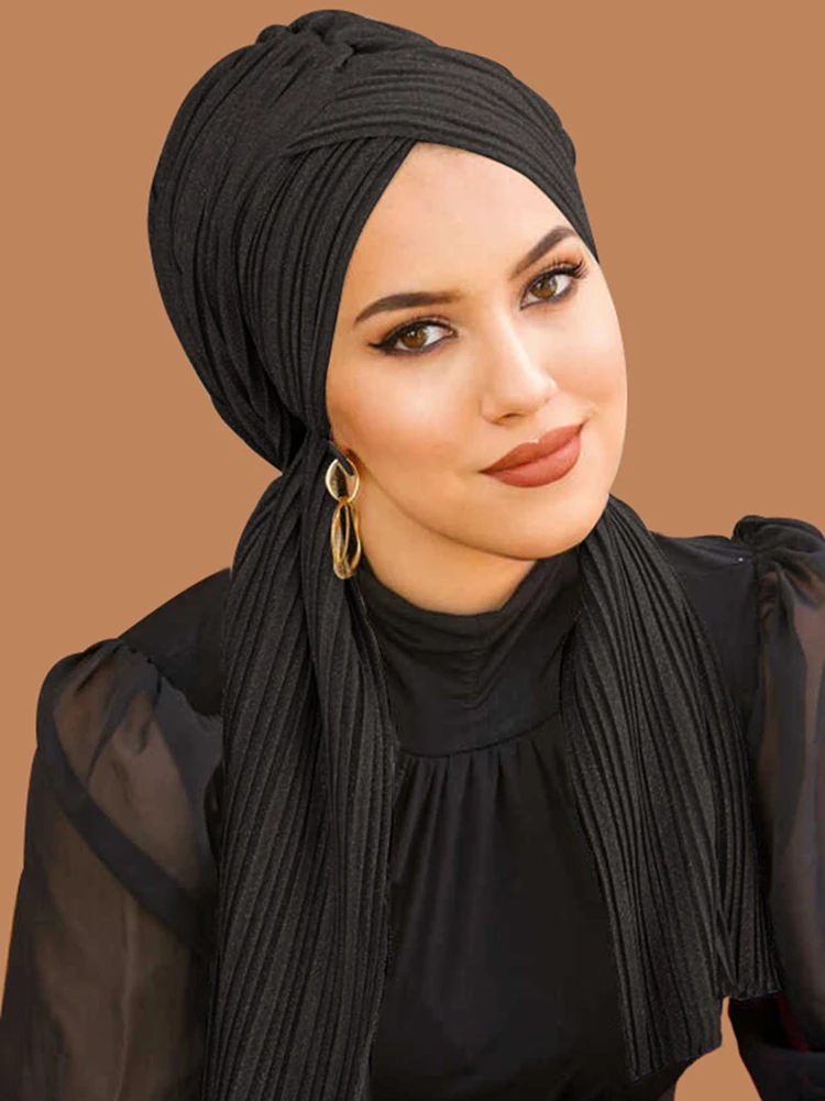 Glitter Plain Muslim Instant Turban Hijabs Women Solid Hijab Islamic Muslim