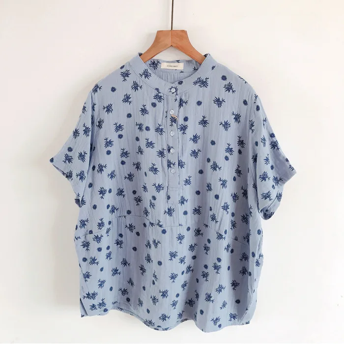 New Autumn Cotton Print Basic Shirts Women Stand Neck Grass Tops Girls Short Sleeve Loose Sweet Leisure Blouses Spring T39371QC