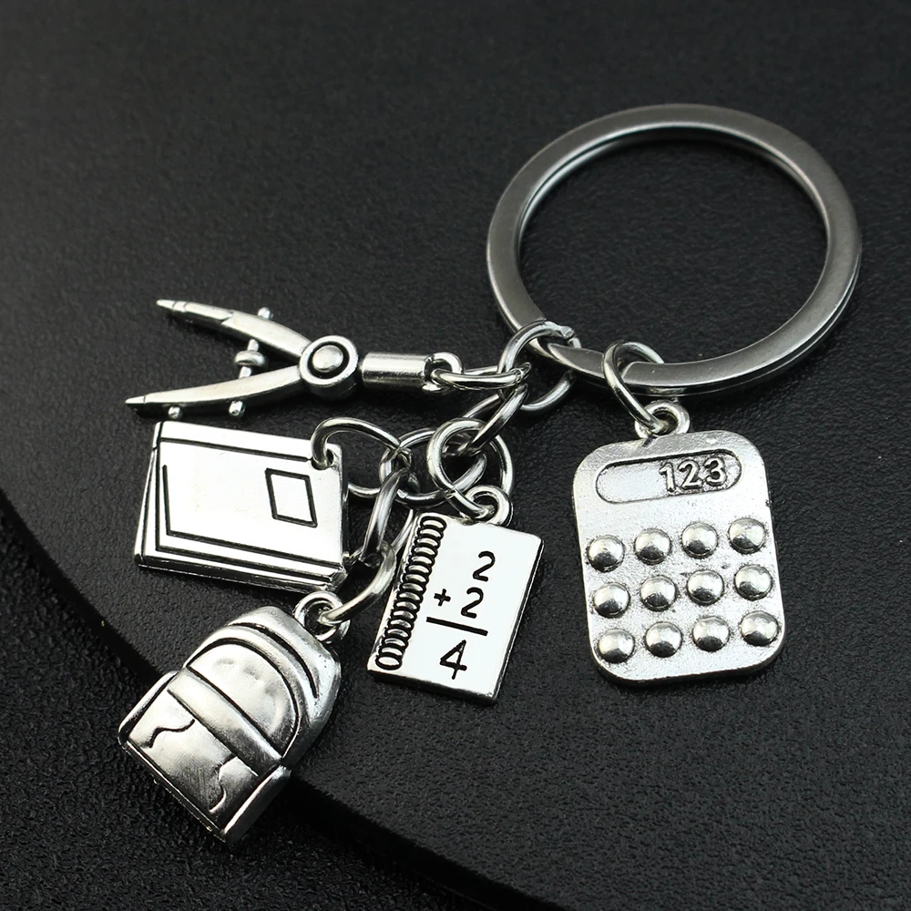 Fashion School Supplies Keychains Calculator Compass Schoolbag Shape Key Rings for Student Teacher Unique Festival Jewelry Gifts