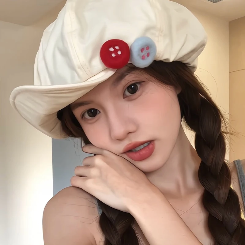 Korean New Oversized Cloud Berets for Women Spring and Summer Travel Sunscreen Versatile Button Design Flipped Brim Newsboy Hats