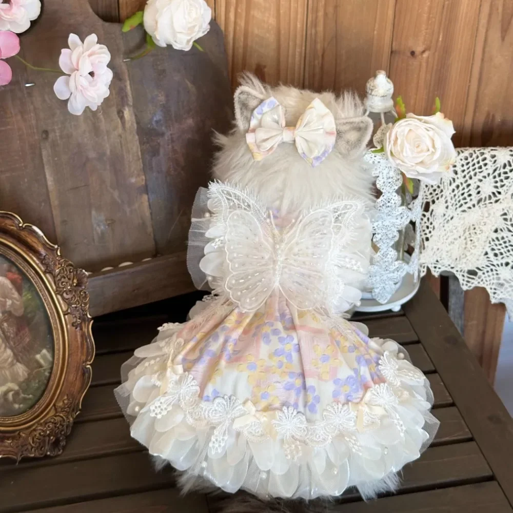 Fancy Dress For Dogs,Handmade Puppy Dreamy Dresses,Lace Design with Butterfly Wings,Chic Floral Tutu For Small Medium Dogs