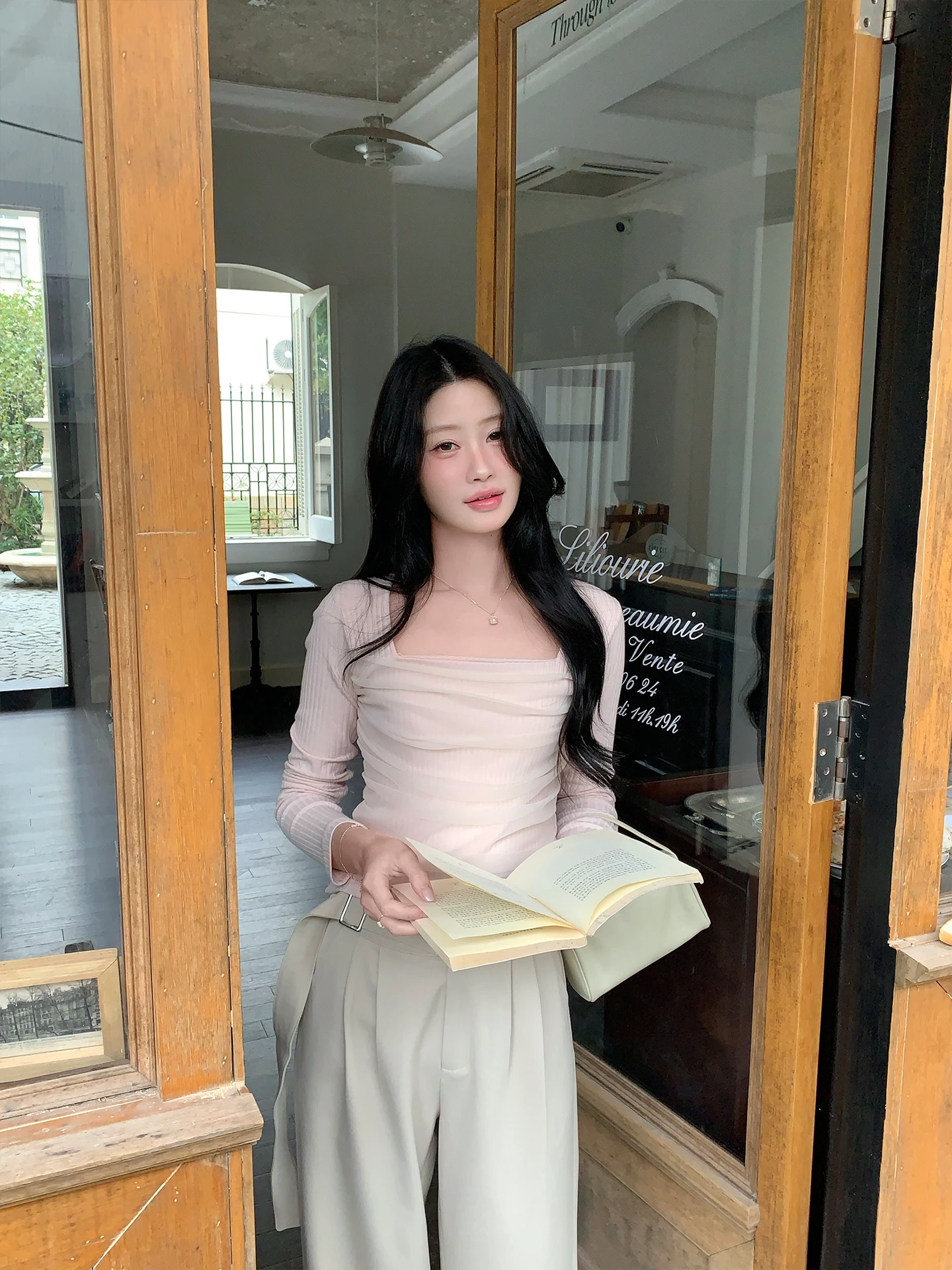 

JeJuna Grapefruit Girl Spring Pink Mist Knitted Long Sleeve Tee Splice Design Slim Fit Daily Wear Ladies Fashion Top