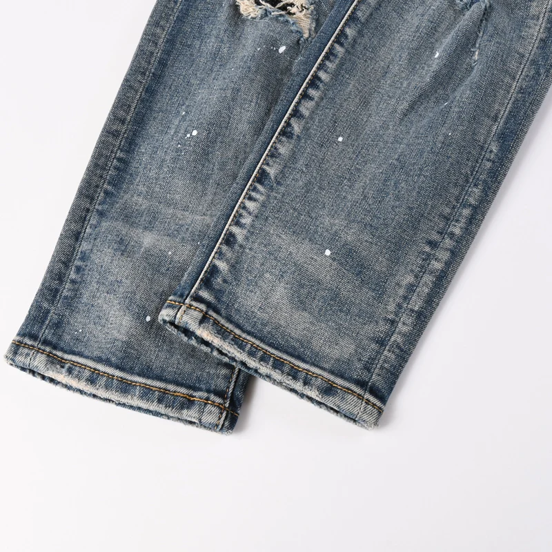 

Designer fashion new men's jeans painted slim fit elastic washed retro light blue jeans street hip-hop brand spliced pants hombr