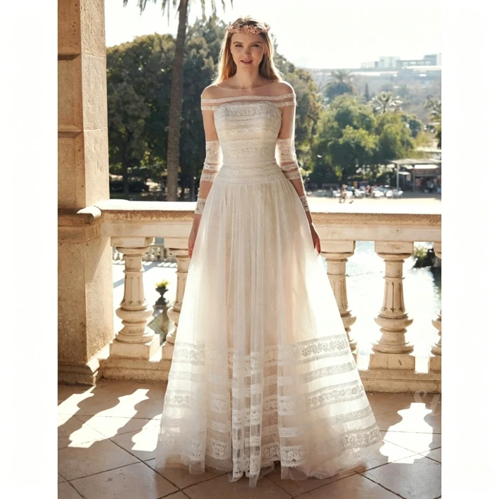 Customized Boho Princess Wedding Dress Off Shoulder Detachable Lace Long Sleeve Button Back Flowy Tulle Beach Bridal Gown