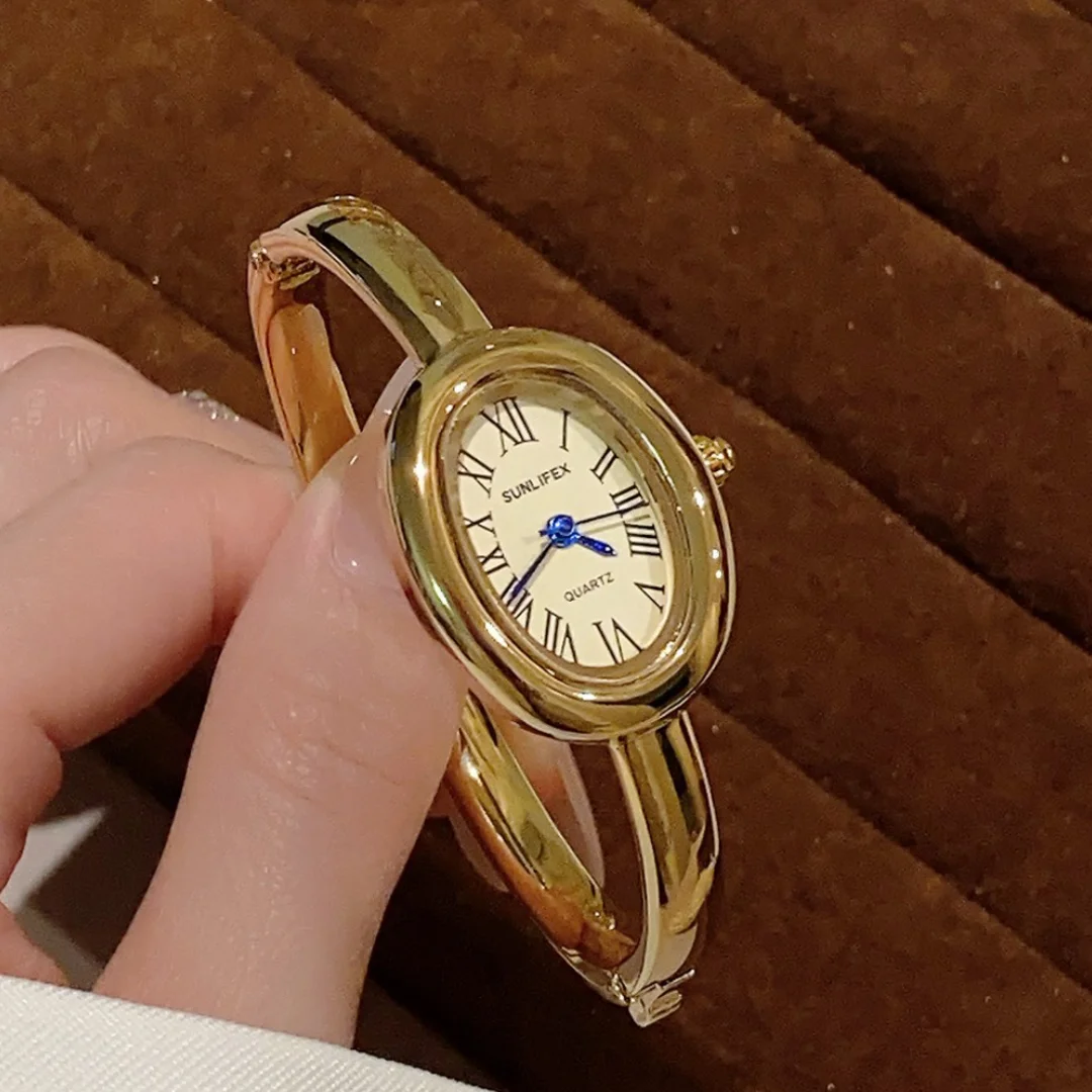 Women Rome Dial Quartz Watch Brand Luxury Gold Colors Bangle Oval  Wristwatch Relogio Feminino Gifts Clock Montre Femme