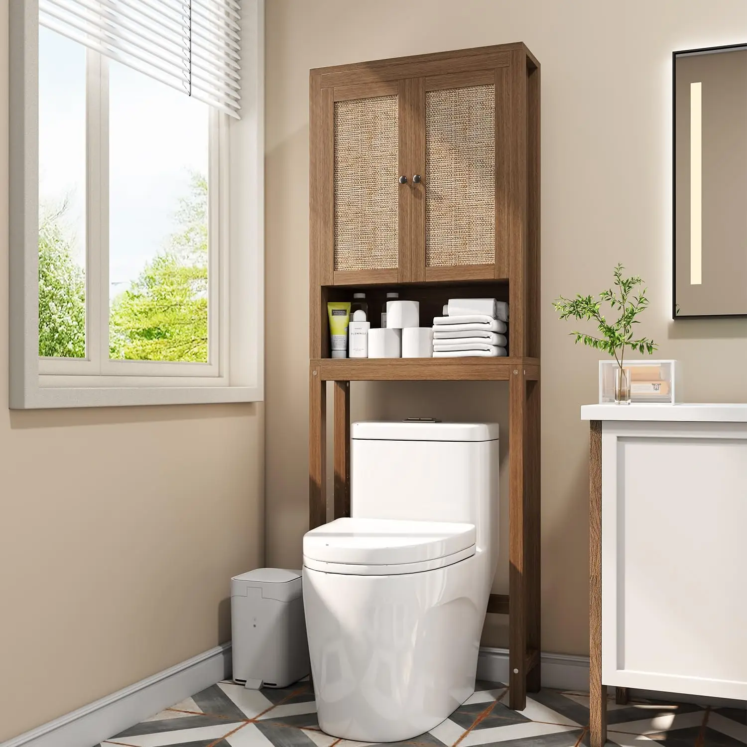 

Rattan Over The Toilet Storage Cabinet, Above Toilet Bathroom Organizer with Adjustable Shelf, Behind Toilet Cabinet, Space Save