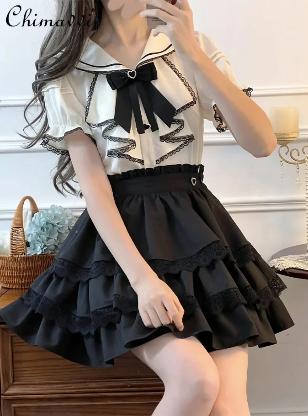 

Japanese Mine Sailor Collar Vintage Court Style Short Sleeve White Shirt Tops Slim High Waist Short Skirt Sets Girl's Outfits