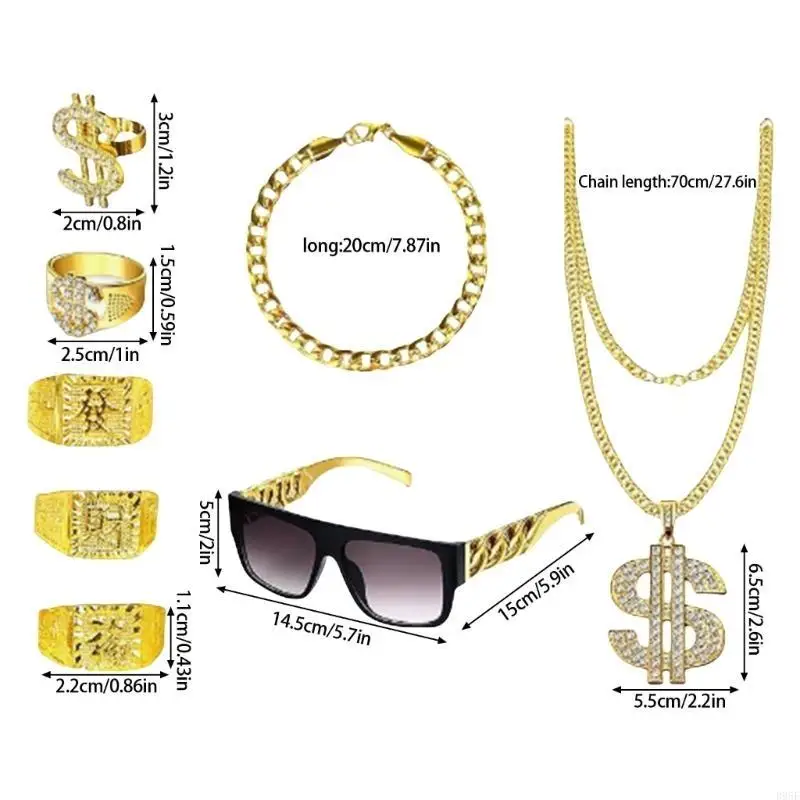 B95F 80er 90er Jahre Outfit Hip Hop Kostüm Halskette Ringe Sonnenbrille Cool Rapper Zubehör Halloween Cosplay Kostüm