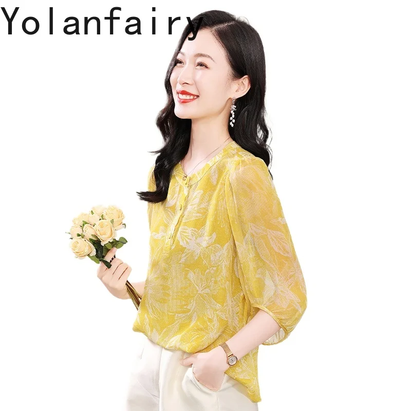 

YOLANFAIRY 100% Genuine Mulberry Silk Shirts for Woman Summer Light Luxury Printed Blouse Femme Elegant Yellow Tops and Blouses
