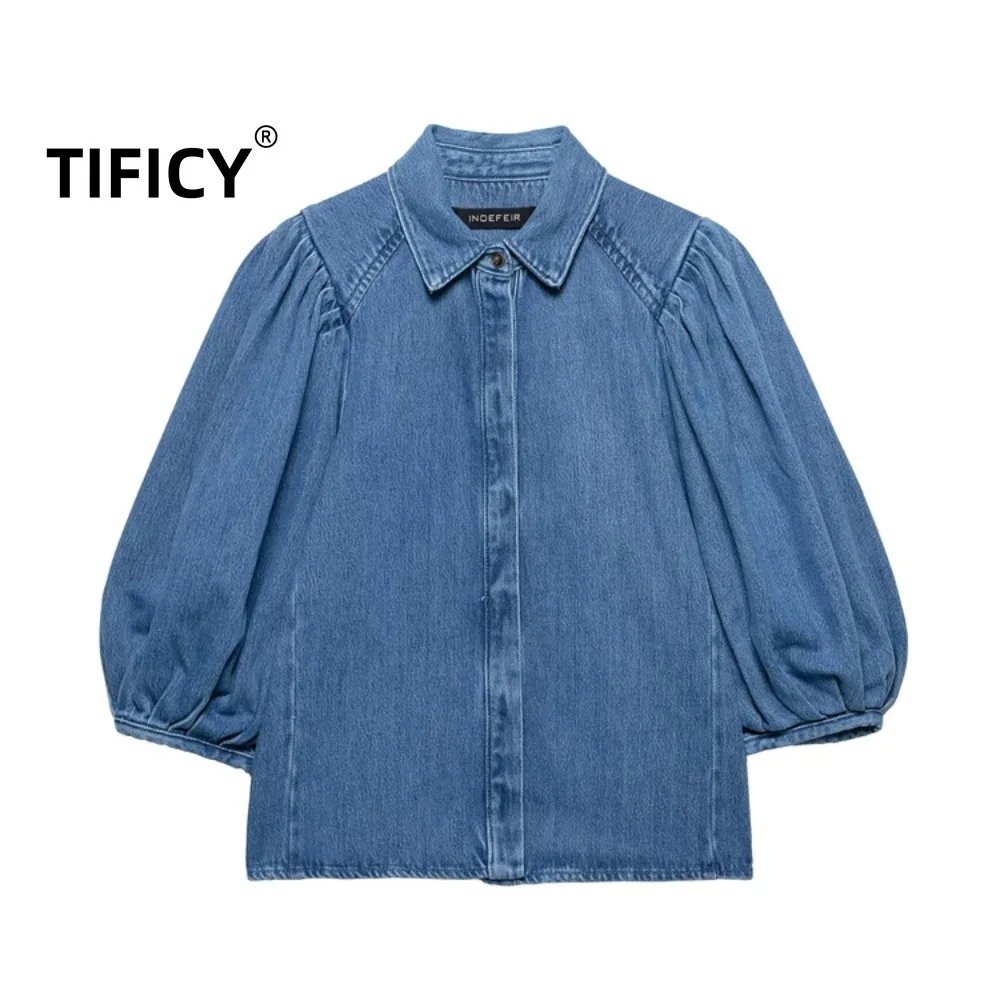 

High Street Jean Shirts Tops Spring New Product Women's Fashion and Comfortable Cowboy Collar Puff Sleeve Denim Shirt