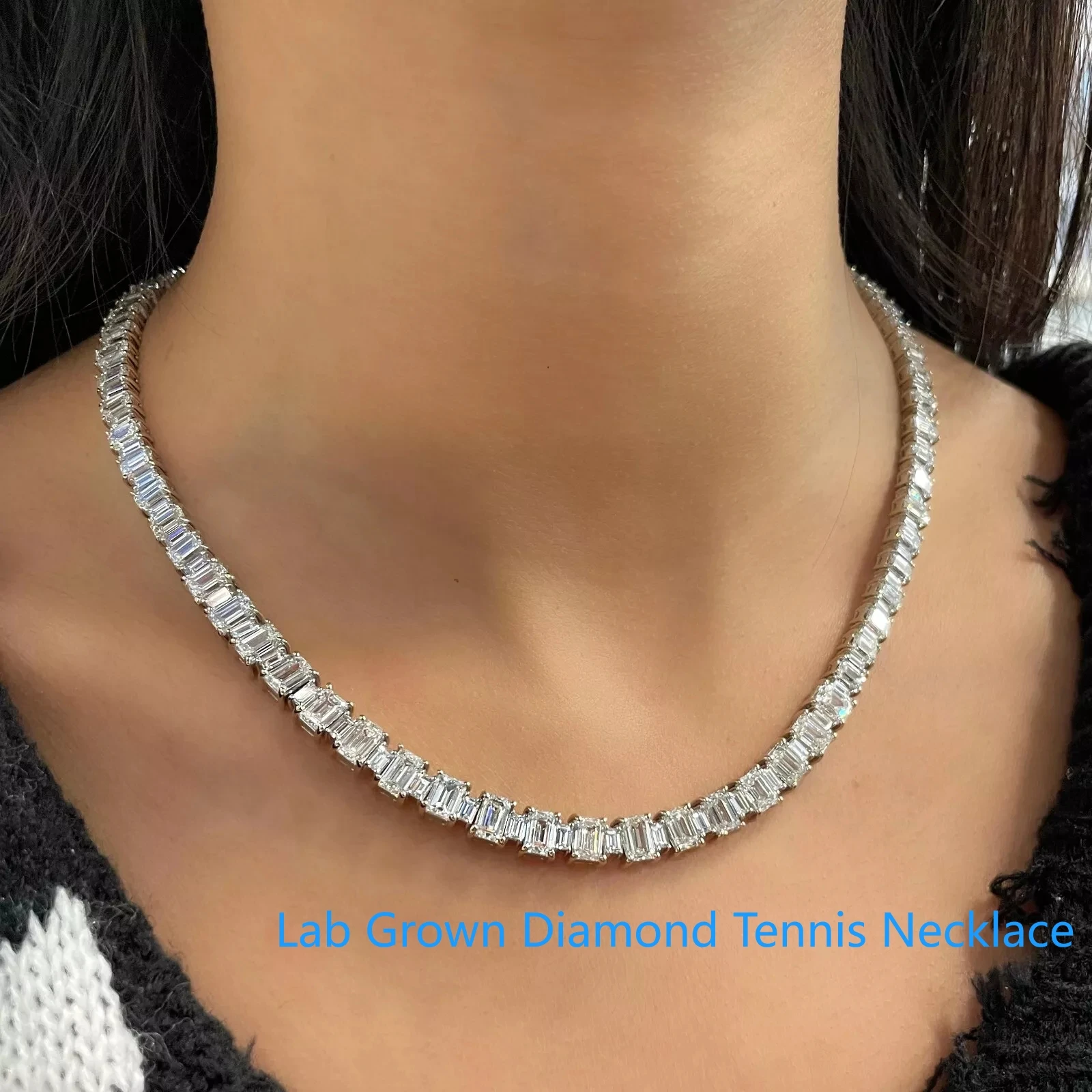 Stunning Handmade Emerald & Baguette Cut DEF VS-VVS Lab Grown 32.6CTW CVD HPHT Diamonds Necklaces For Women Solid 14k White Gold