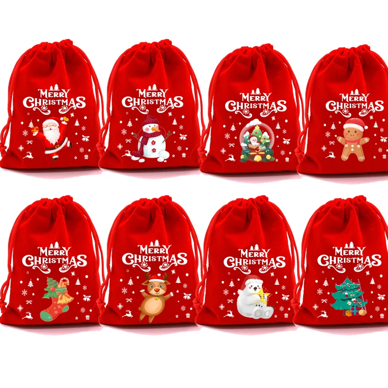 4pcs/lot Christmas Eve Gift Giving Bag Chocolate Candy Pies Packaging Bag Christmas Velvet Drawstring Gift Red Bags for Family