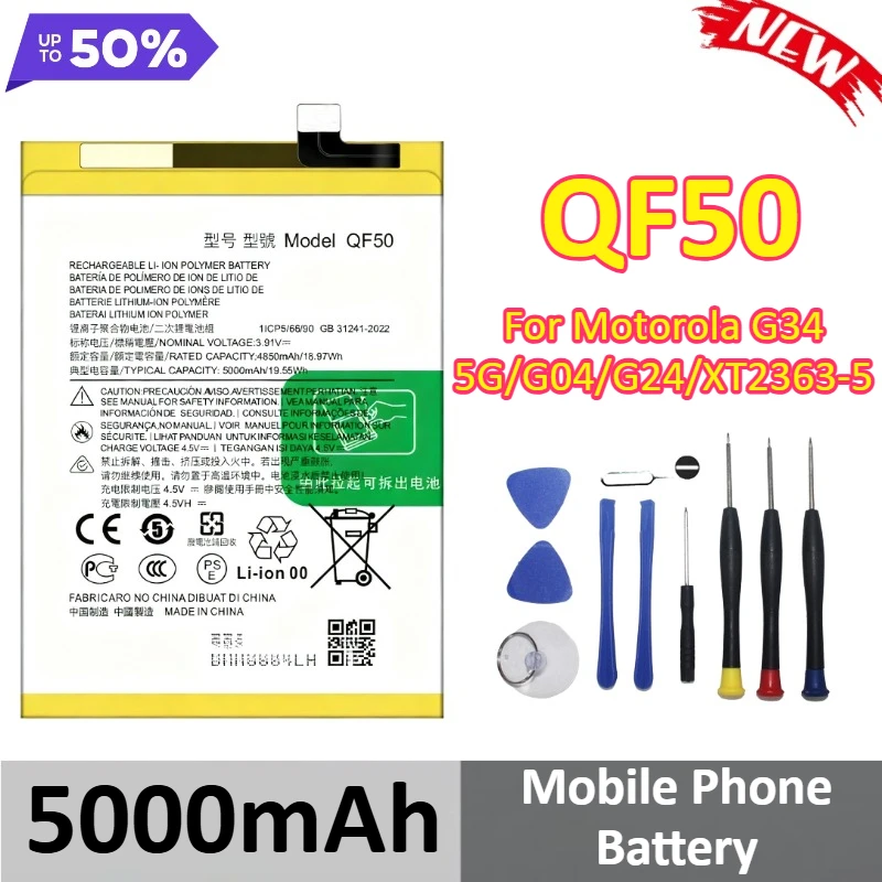 

QF50 5000mAh Mobile Phone Battery for Motorola G34 5G/G04/G24/XT2363-5 Replacement Lithium Battery +Tools