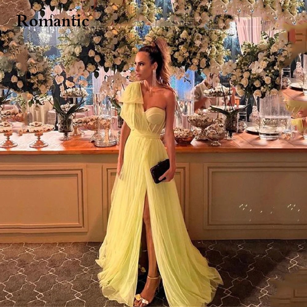 Romantic Prom Dresses Yellow Tulle One Shoulder Side High Silt Evening Gowns Swetheart Floor Length Women Formal Reception 2022