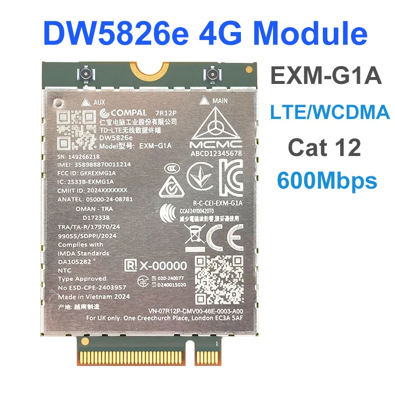EXM-G1A LTE Cat12 M.2 Module DW5826E For Dell Pro 13/14/16 Plus Laptop 4G Wireless modem Computer GPS Receiver 600Mbps