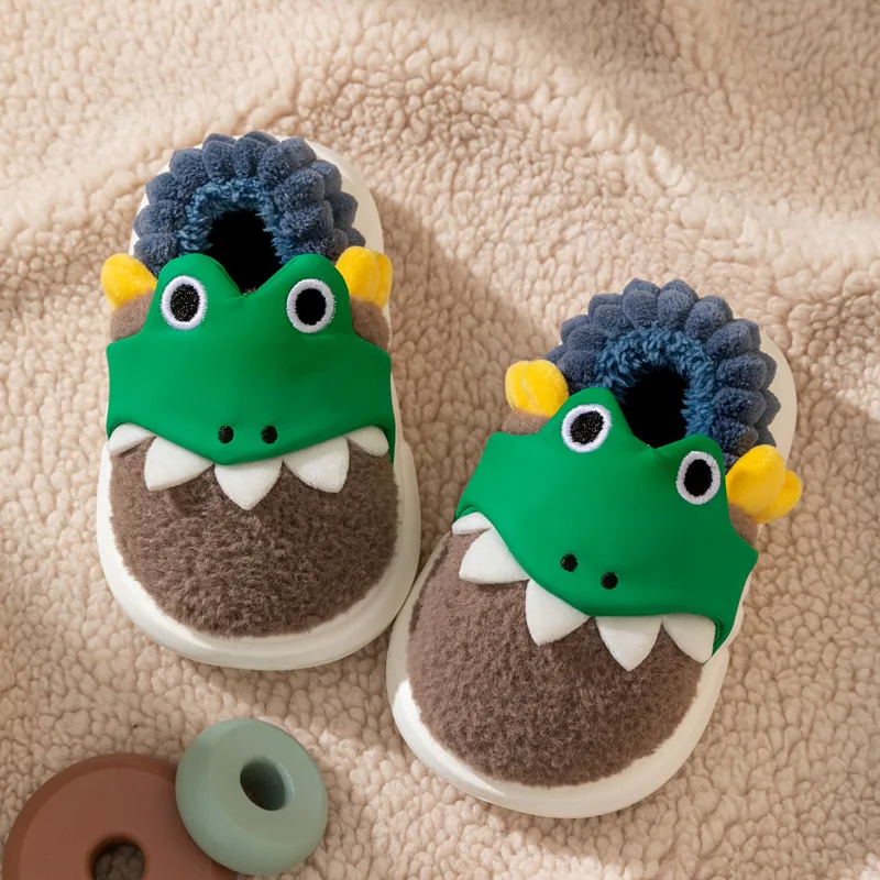 2024 Dinosaur Toddler Boys Girls Slippers Winter Cartoon Kids Floor Shoes Plush Warm Soft Sole Room Children Slippers