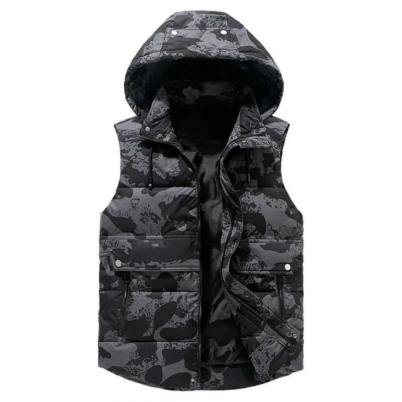 

Men's Winter Vest Plus Size 5xl Hat Detachable Waistcoat Camouflage Sleeveless Jackets Warm Parkas Unloading Coat for Men Unisex