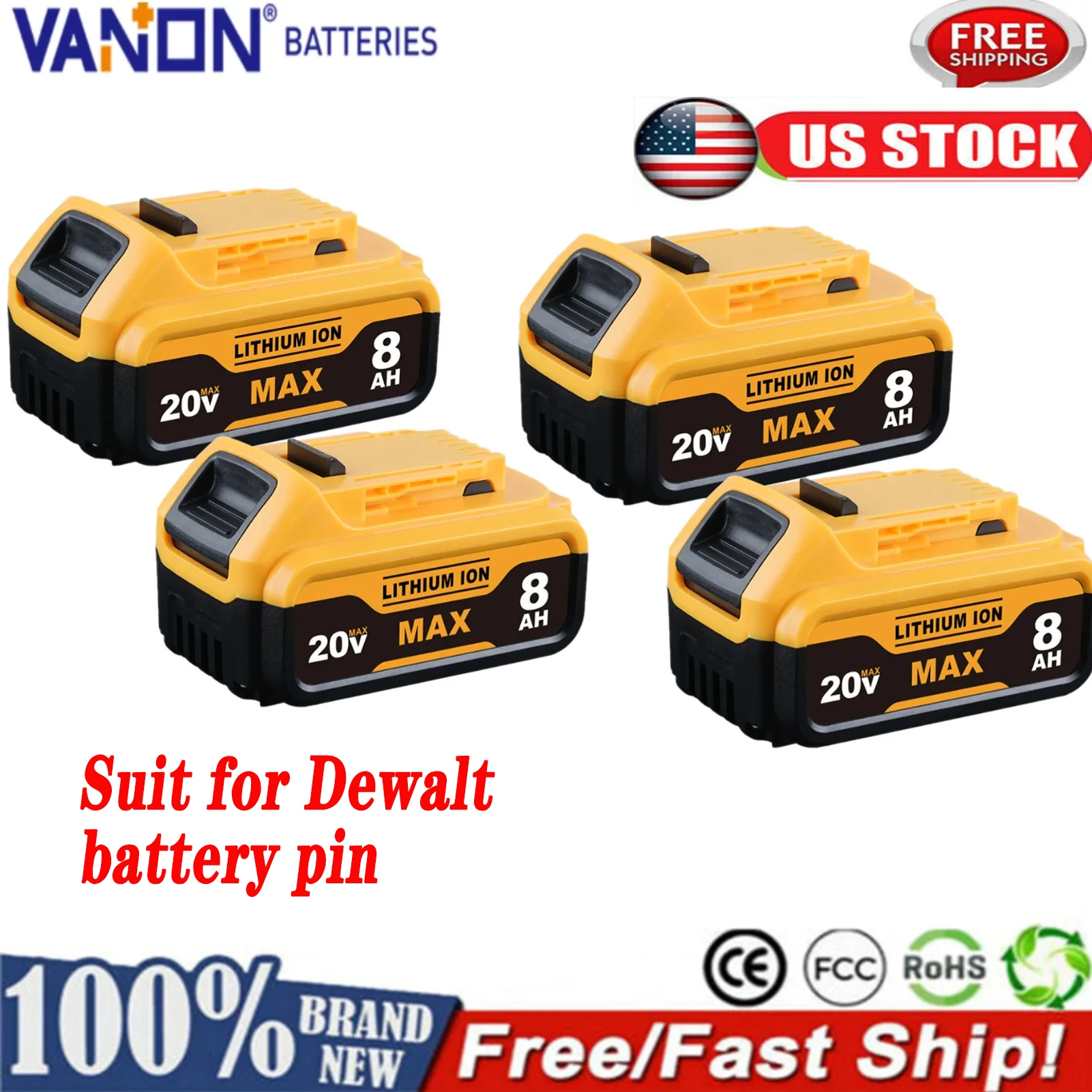

VANON 4-Packs 8.0Ah battery Replace for DeWalt DCB200 DCB204 DCB205 DCB206 20Volt Max Lithium-ion Battery Pin