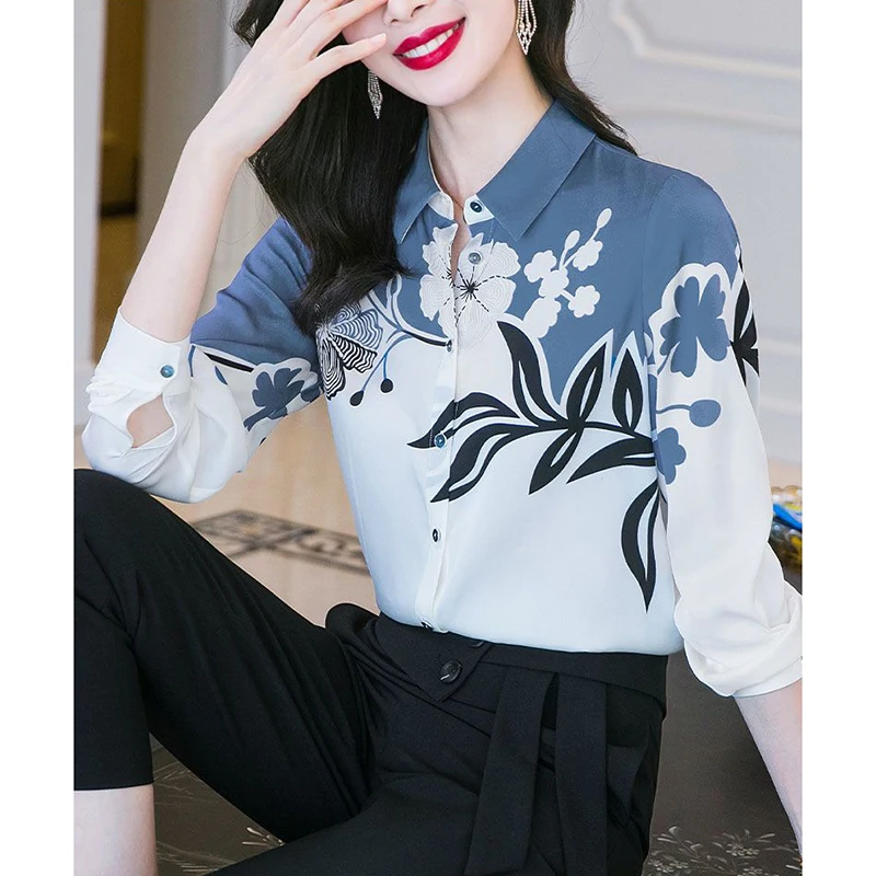 Elegant Lapel Button Printed Long Sleeve Shirts Women's Clothing 2024 Autumn New Loose All-match Tops Office Lady Blouses