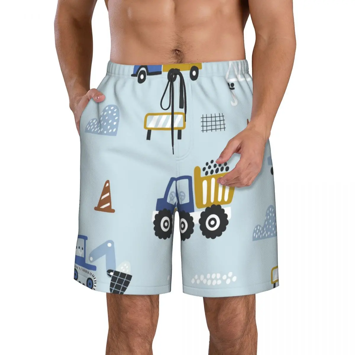 

Men's Swim Trunk Cute Tractors Car Building Equipment Quick Dry Beach Shorts with Pockets Beach Pants Swimsuit