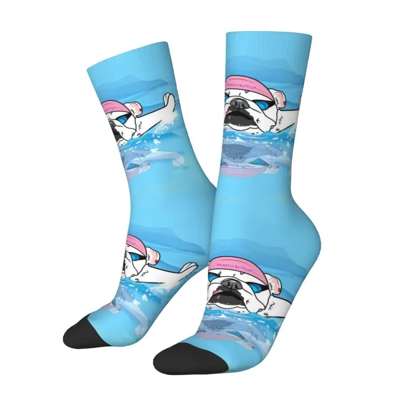 Funny English Bulldog Swimming Mens Crew Socks Unisex Novelty 3D Print British Pet Dog Lover Dress Socks