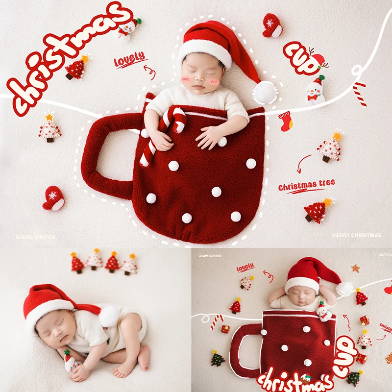 

Santa Hat Christmas Clothes For Newborn Photo Cup Pocket Background Blanket Hand-Sewn Christmas Tree Snowman Baby Shoot Props