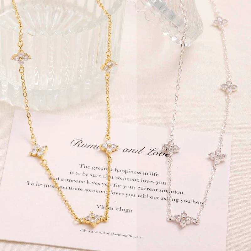 Rrjzz D-Color 3 mm Full Moissanite Clover Armband- und Halsketten-Set für Frauen, VVS1-Imitationsdiamant-Blumenschmuck, Geburtstagsgeschenke – Detail 4