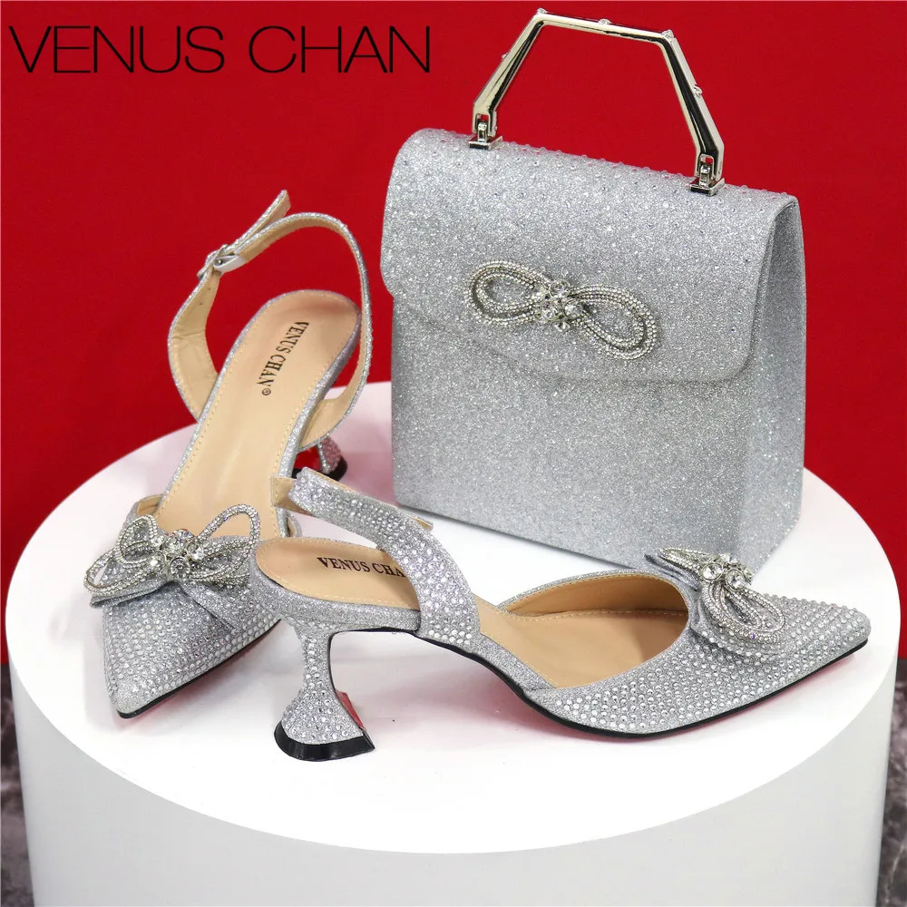 Sandals Woman Summer 2024 Nigerian High Quality Hot Selling Shoes Matching Bag Set in Silver Color For Women Wedding Party Pump