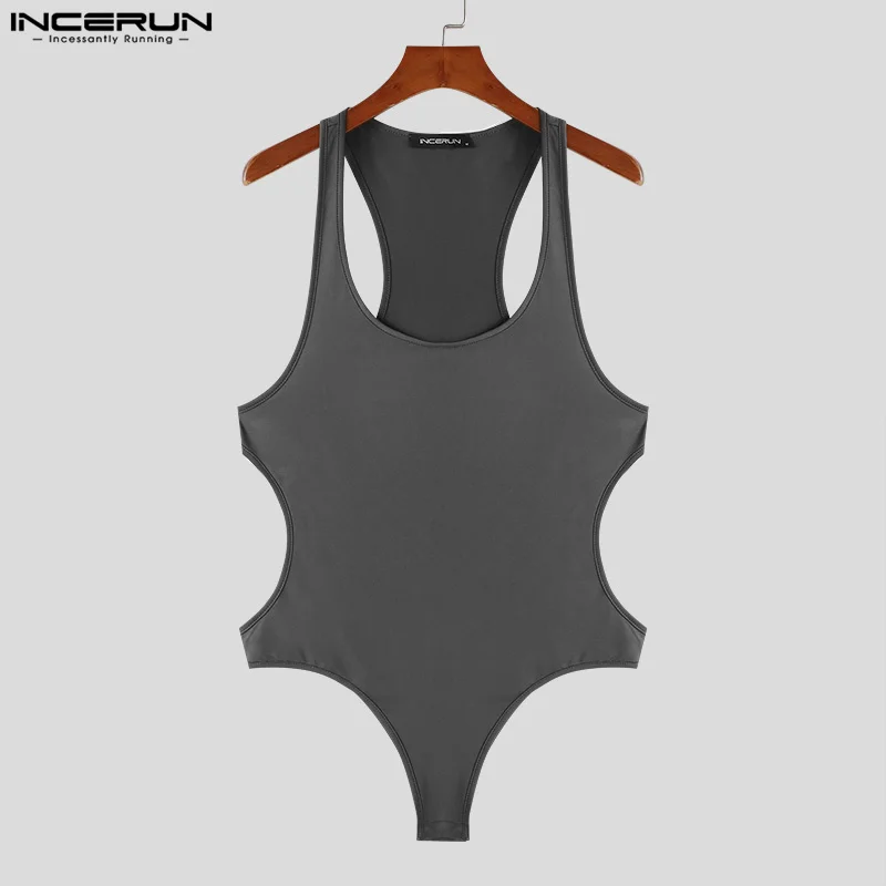 INCERUN 2024 Sexy New Mens Homewear Personality Side Hollow Design Jumpsuits Casual Simple Male Solid Sleeveless Bodysuits S-5XL