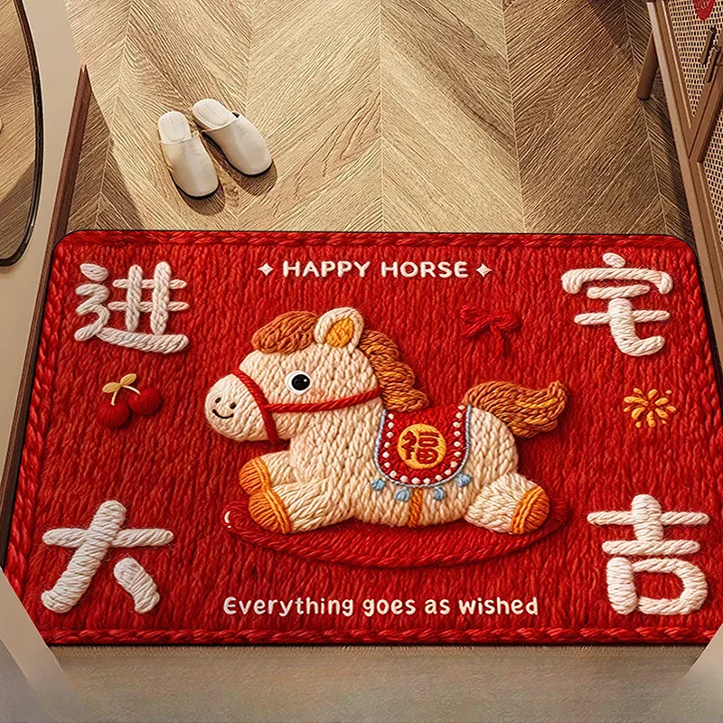 Cartoon Lucky Horse Diatomite Doormat for Bathroom Kitchen Entryway Non Slip Absorbent Floor Mat Red 16x24in 20x32in