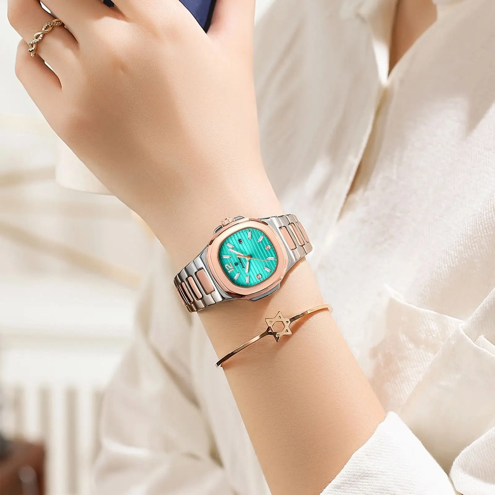 POEDAGAR ساعة يد فاخرة للسيدات مضيئة مقاومة للماء من الفولاذ المقاوم للصدأ ساعة تاريخ للمرأة أنيقة كاجوال كوارتز ساعات نسائية