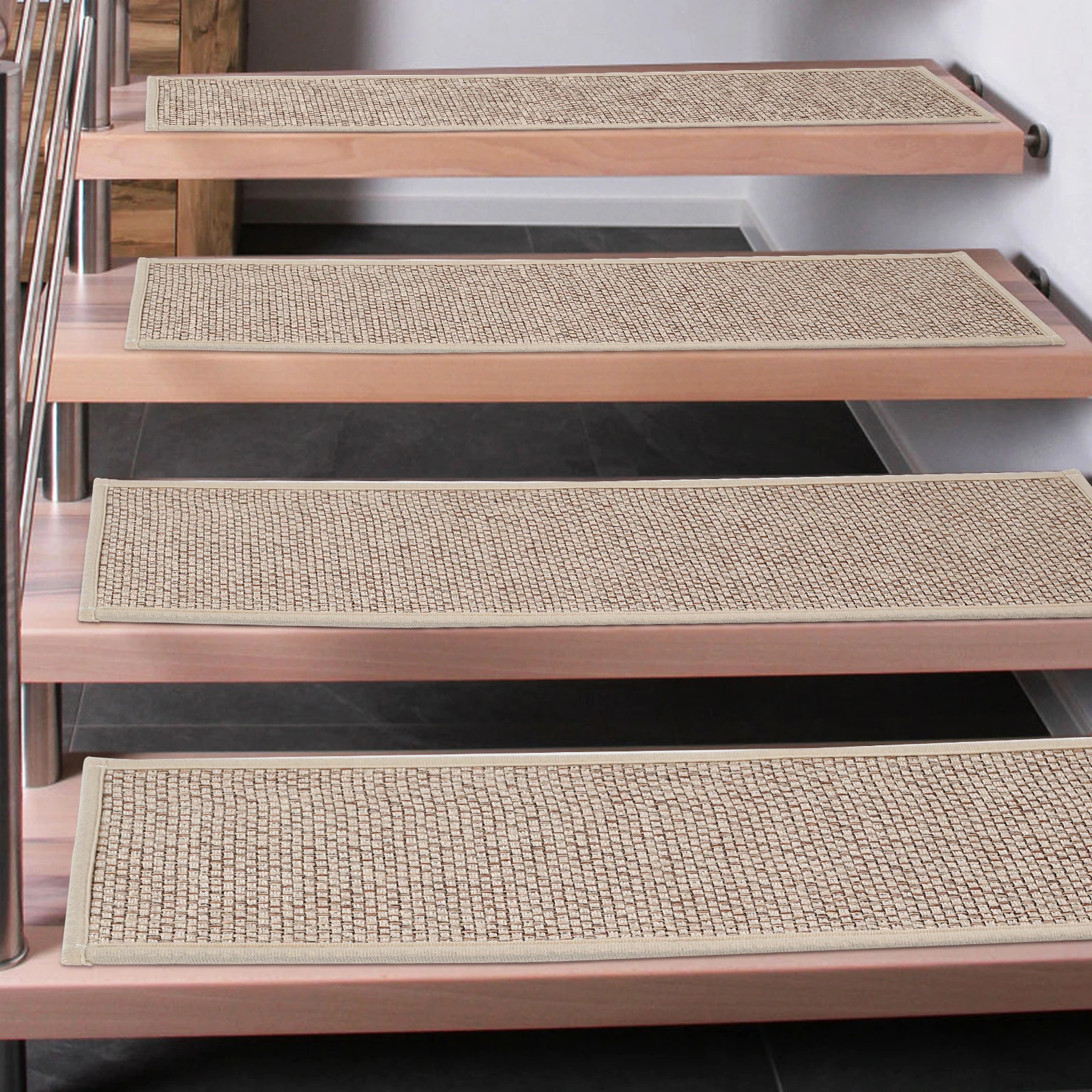 4Pcs Natural Linen Stair Treads Anti-Slip Indoor Stair Runner Carpet Self-Adhesive Stair Rug Mat with Natural Rubber Wooden