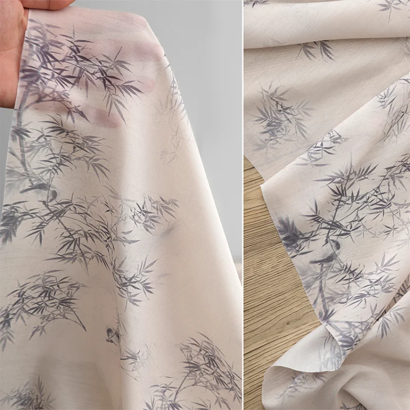 Apricot Bamboo Gradient Printed Fabric with Ink Painting New Chinese Retro Hanfu Dress Designer Fabric