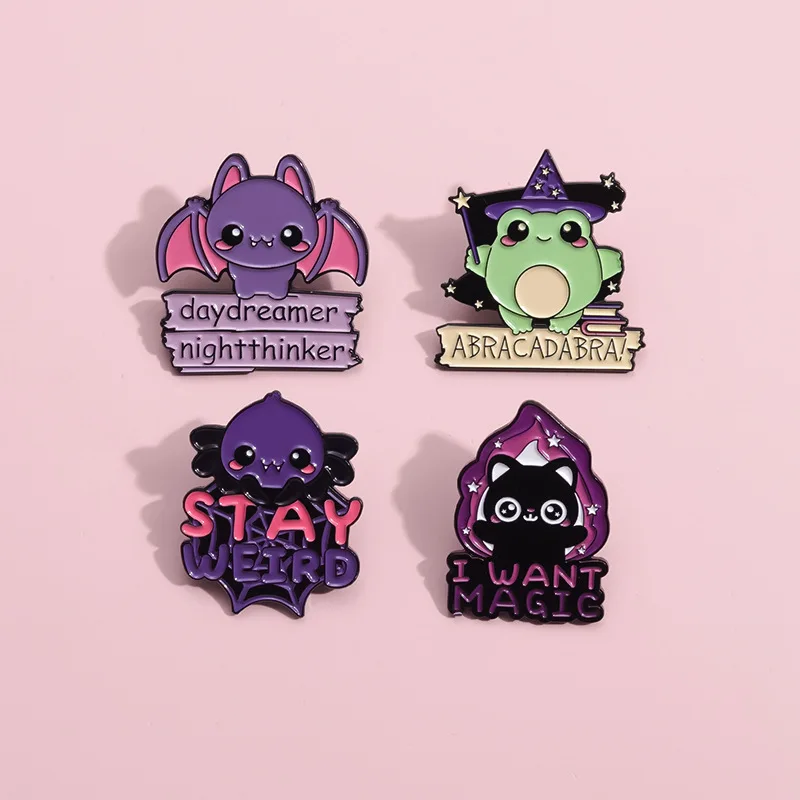 Dark Magic Series Enamel Brooch Magic Girl Witch Cat Crystal Book Fire Skull Frog Bat Badge Punk Smothman Pin Jewelry Gifts