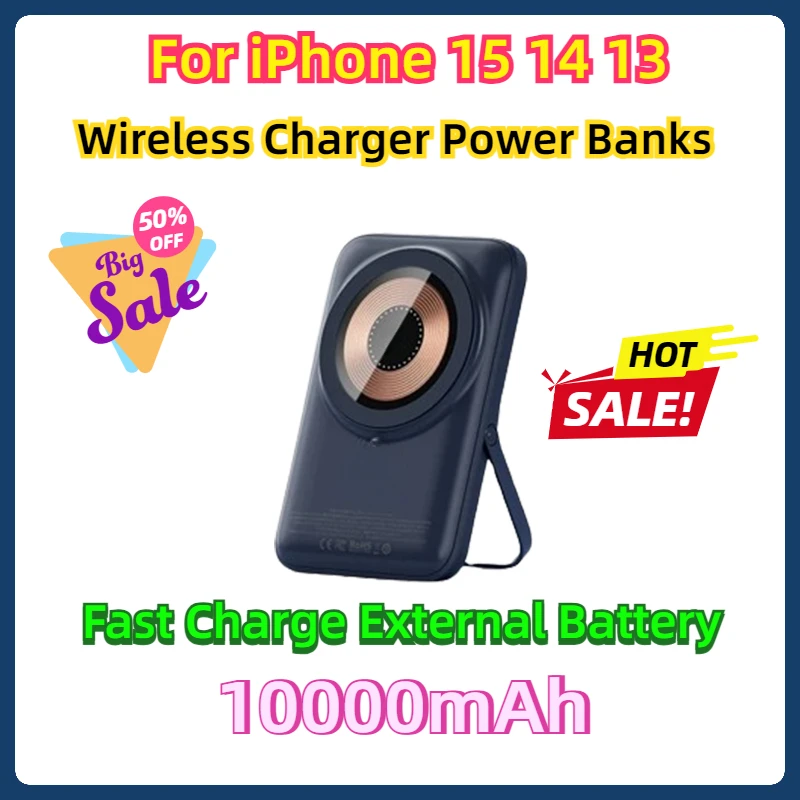 For Wireless Charger Power Banks Fast Charge External Battery With Bracket For iPhone 15 14 13 10000mAh Powerbank