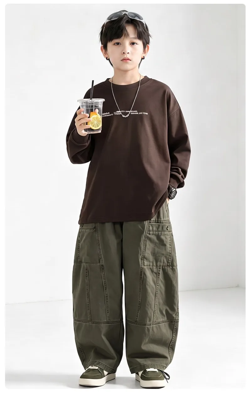 Kinder Jungen Gerade Hosen UNITIM Herbst Junior Jungen Latzhosen Lose Lässige Elastische Taille Teenager Jungen Weite Hosen – Detail 12