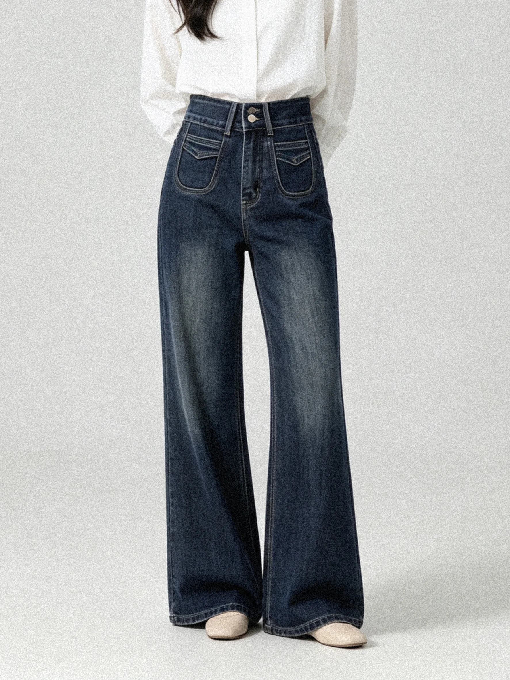 High Waist Bell Bottom Jeans Blue Retro Hong Kong Style Korean Version Slimming Skin-Friendly Long Trousers for Women