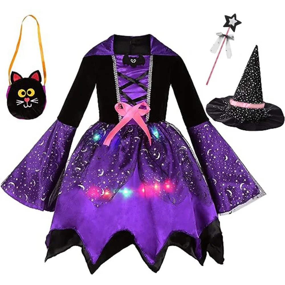 Halloween Witch Cosplay Costume para Crianças, Vestido Mágico Disfarçado, Chapéu, Conjunto completo para meninas, Roupa para festa de carnaval, Roupas de palco